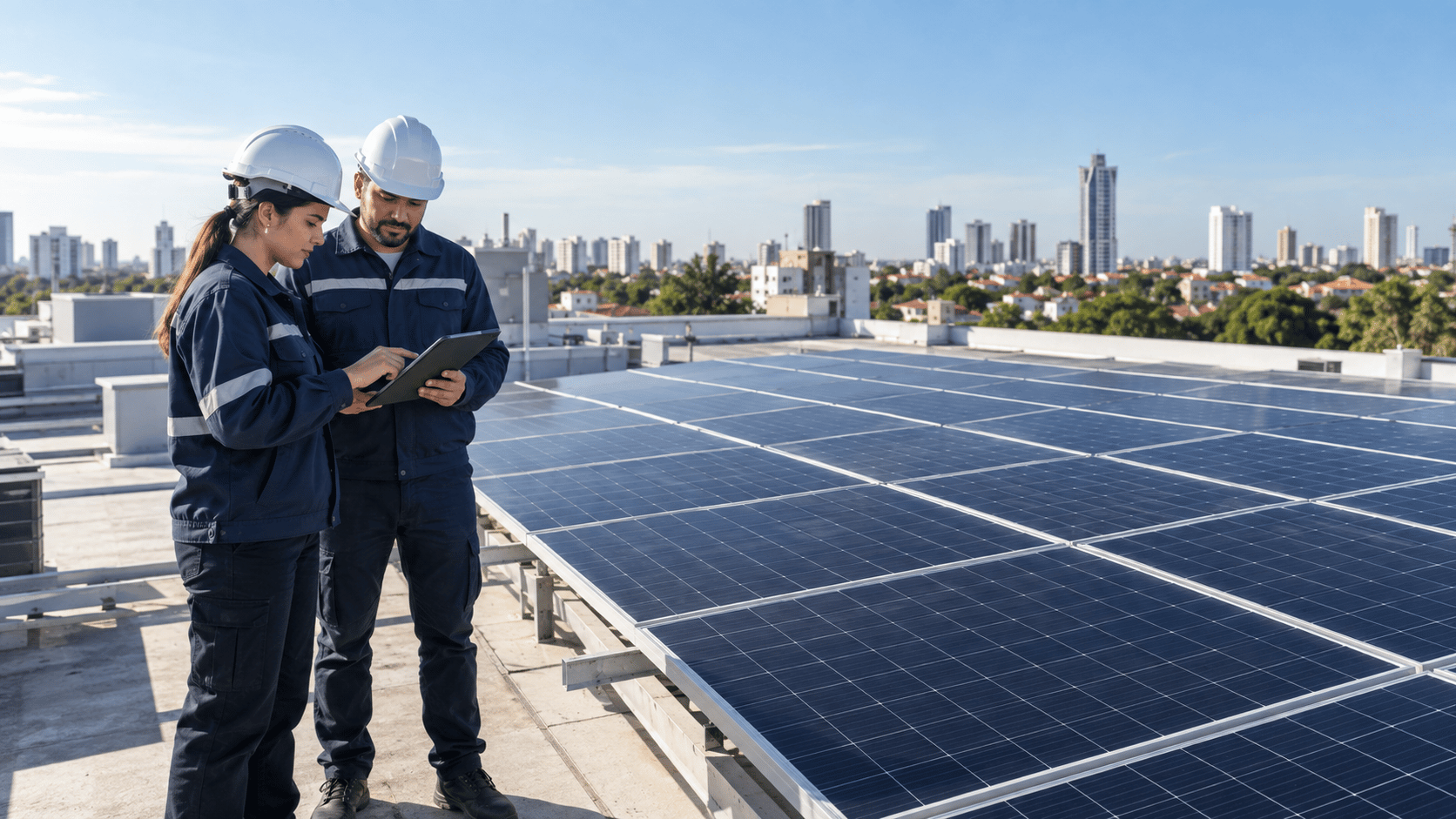Ingenieros solares inspeccionando una instalación fotovoltaica contemporánea